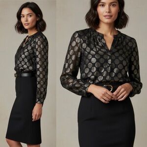 NWT FINLEY Chloe Long Sleeve Blouse Luxe Dot Black Gold Metallic Small